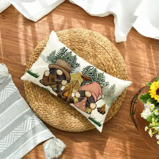 Happy Campers Throw Pillow Cover 12x20 Inch, Gnome Campfire Decoration for Home Sofa Couch {3}