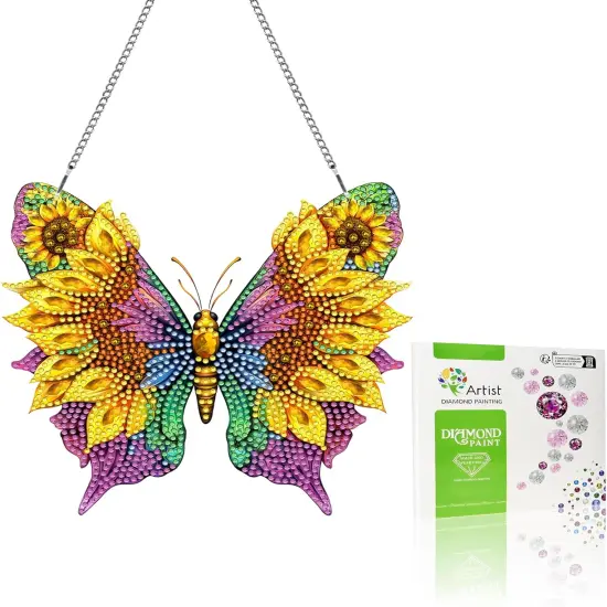 Butterfly Diamond Painting Hanging Ornament,Sunflower Double Side Hanging Kit with Chain, 7.5x7.5 inch Crystal Pendant Art Craft for Gift Home Wall Door Decoration-1 {1}