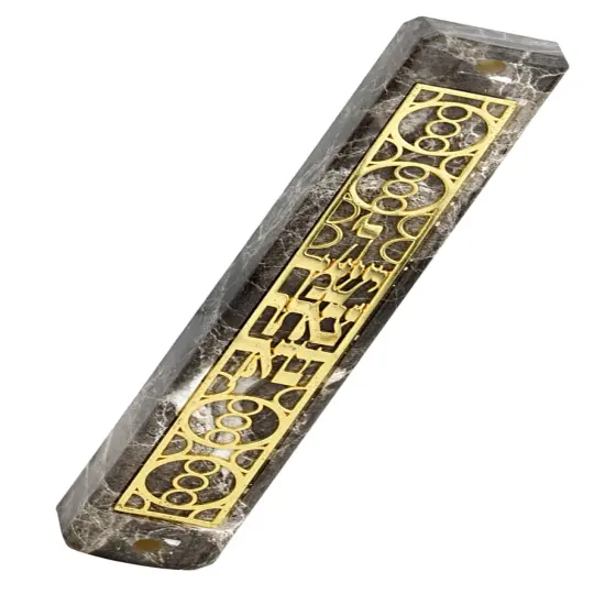 Marble Mezuzah Case with Metal Circle Pattern on Plate Gold {2}