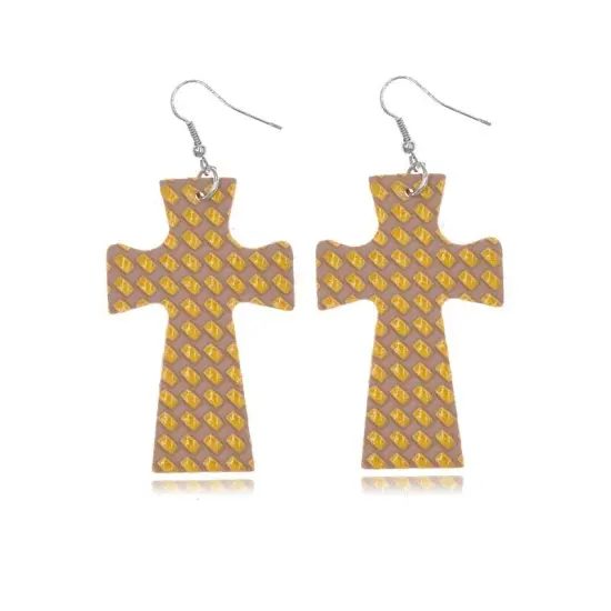 Glitter Marble Cross PU Leather Boho Dangle Earrings Yellow {1}