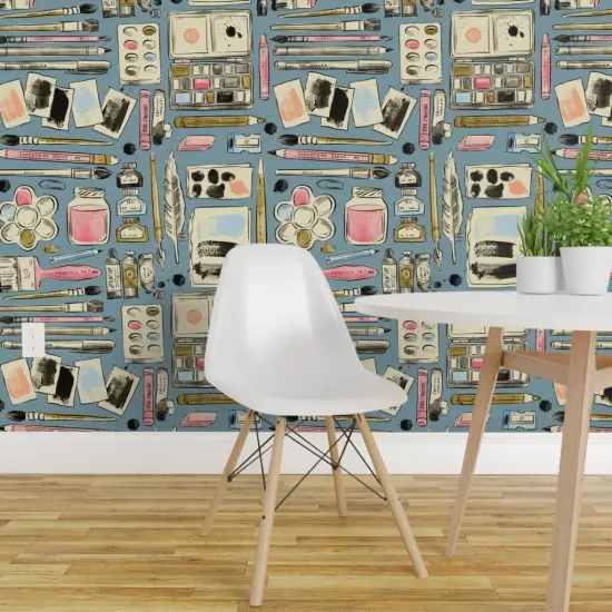 Pre-Pasted Wallpaper 2FT Wide Retro Watercolor Paint Art Ink Brushes Supplies Brush Pencil Feather Paints Gouache Fountain Pen Well Whimsical Eclectic Line Drawing Doodle Custom Pre-pasted Wallpaper by Spoonflower {1}