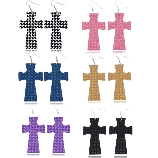 Glitter Marble Cross PU Leather Boho Dangle Earrings Purple {2}