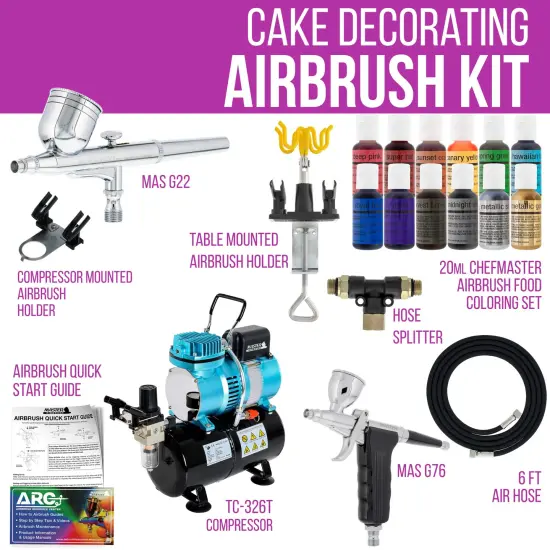 Cake Decorating Airbrushing System Kit with 12 Color Food Coloring Set - G22 Gravity Feed, G76 Trigger Airbrush, Air Tank Compressor, Guide Booklet {2}