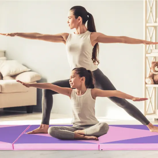 4-Panel PU Leather Folding Exercise Gym Mat with Carrying Handles and Removable Zippered Cover Pink & Purple {2}