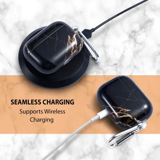 Marble Case Compatible with Airpods Pro, Glossy Soft TPU Protective Smooth Cover with Portable Keychain, Supports Wireless Charging, Shockproof & Anti-Scratch, Shinny Black Marble by Insten {3}