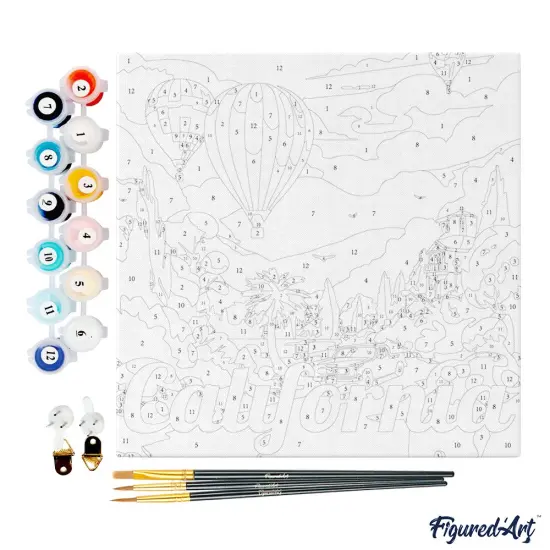 Figured'Art Mini Paint by Numbers Kit for Adults with Frame Travel Poster California Balloons Small format 8"x8" - Craft Art Painting DIY Canvas Already Stretched on a Wooden Frame {4}
