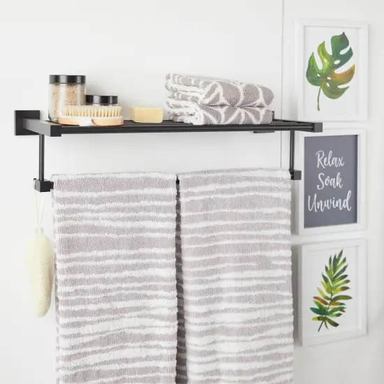 Matte Black Towel Shelf with Bar, 24 Inch Wall Mounted Rack for Bathroom {2}