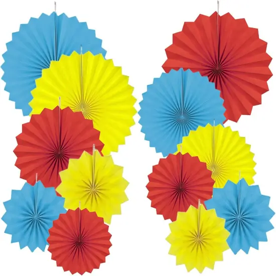 Paper Round Fan Party Decorations, Blue Yellow Red Hanging Fans for Carnival Circus {1}