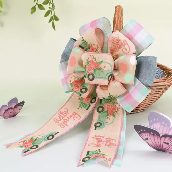 Spring Ribbon Wired 4 Rolls 2.5 Inch x 24 Yards TTL, Blue Car and Floral Ribbon with Plaid and Polka Dot Printed {2}