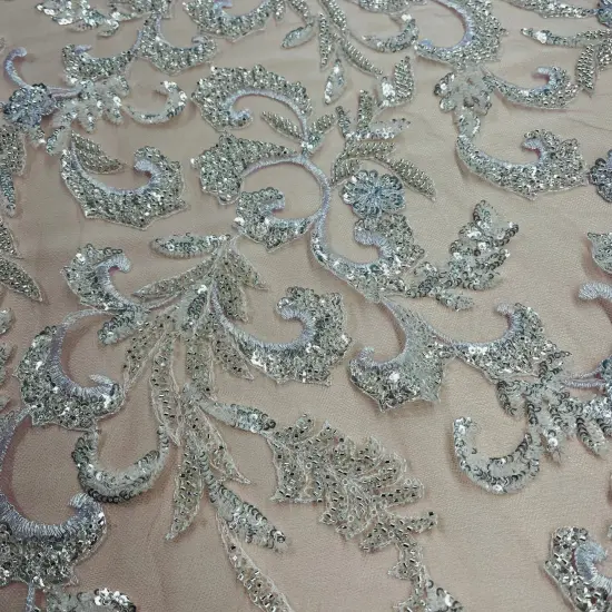 1 Yard Champagne Beaded Lace Fabric Embroidered on Polyester Mesh, 53" Wide Rose Gold {5}