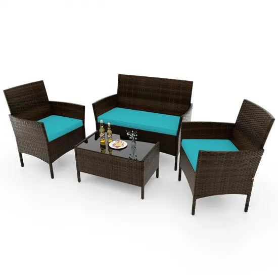 Costway 4 PCS Patio Furniture Set with Washable Cushions and Tempered Glass Coffee Table Beige/Black/Navy/Grey/Turquoise/Red/Blue/Orange {11}