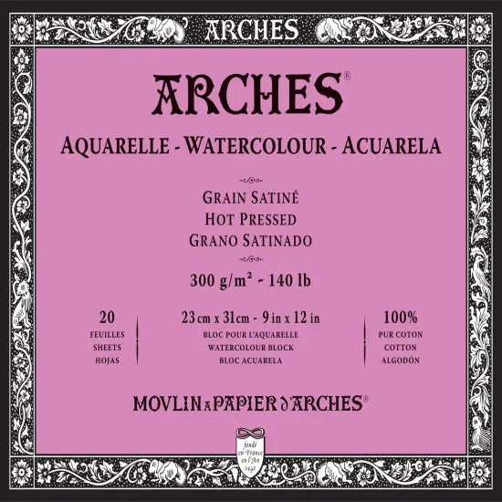 Arches Aquarelle Hot Pressed Watercolor Block 9"X12"- 140lb, 20 Sheets {1}
