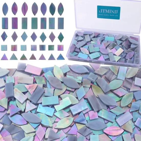 LITMIND Iridescent Stained Glass Mosaic Tiles for Crafts, 240 Pieces 5 Shapes Mixed Mosaic Glass Pieces, Mosaic Kits for Adults (Iridescent Grey) {1}