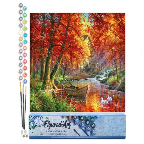 Figured'Art Paint by Numbers Kit for Adults Autumn River and Boat 16"x20" - Craft Art Painting DIY Kit Rolled Canvas without frame {1}