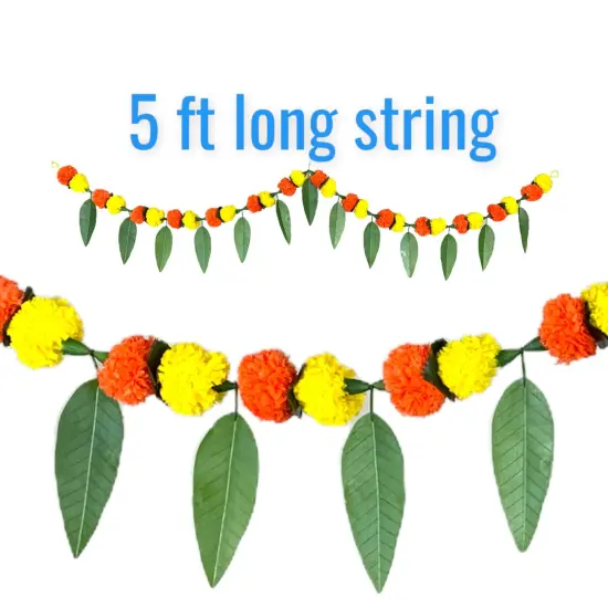 5 Feet Marigold Mango Leaf Door Toran Hanging Valance Festival Garland Indian Wedding Decor Indoor Outdoor Bandarwal Pooja Decor Diwali Decoration {2}