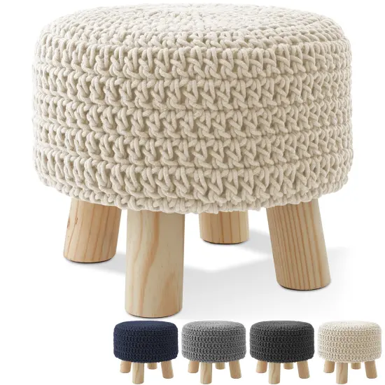 Pouf Ottoman Footstool, 13" Round x 11" High, Hand-Knitted Cotton Footrest, Non-Skid Wood Legs, Boho Foot Stool for Living Room, Bedroom {7}