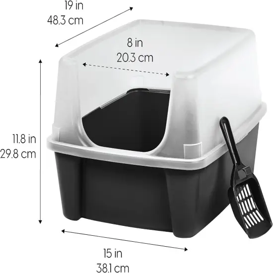 IRIS USA 2 Pack Large Cat Litter Boxes with Scatter Shield and Scoop, Open Top High Sided Cat Litter Pan, Black {2}