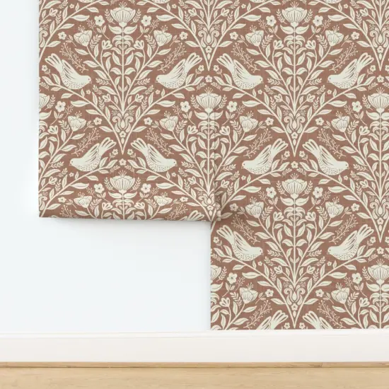 Peel & Stick Wallpaper 2FT Wide Whimsical Cottagecore Botanical Birds Crosshatch Floral Leaves Foliage Traditional Flowers Garden Brown Neutral Monochromatic Cozy Home Folk Custom Removable Wallpaper by Spoonflower {2}