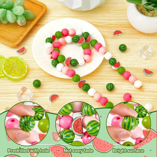 100 Pcs Watermelon Wooden Beads 16 mm Summer Multi Colored Wooden Beads Bulk Colorful Summer Wood Beads for Crafts Round Loose Spacer Beads for DIY {3}