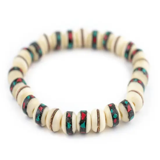The Bead Chest Mala Stretch Bracelet, White - Stackable Nepal Bone Inlaid with Turquoise & Coral Colors, 100% Authentic and Genuine {1}