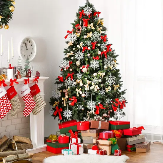 40Pcs White Glitter Snowflake Ornaments with 197 Inches Silver Rope - White {4}