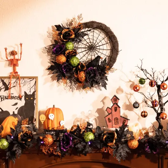 Halloween Wreath for Front Door with Lights, 24 Inch Pre-Lit Roses Crow {4}