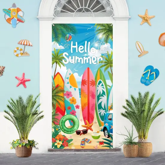 Hello Summer Beach Door Banner Decorations Surfboard Summer Door Banner Hello Summer Door Cover Banner Backdrop for Front Door Summer Surfing Beach Pool Birthday Holiday Party Supplies Indoor Outdoor {2}