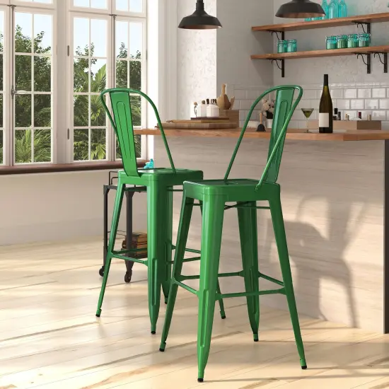 Merrick Lane Dothan Series Metal Stool with Removable Back for Indoor-Outdoor Use Green {1}
