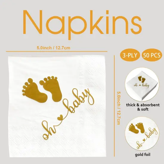 Pack of 50 Baby Shower Oh Baby Napkins 3 Ply (White & Gold) {2}