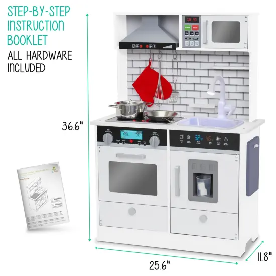 Lil' Jumbl Small Wooden Pretend Play Kitchen Set for Kids with Stovetop, Oven, and Interactive Features White {4}