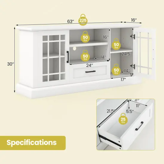 TV Stand for TVs up to 70 with Glass Doors Cubbies and Drawer-White {4}