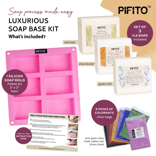 Pifito Soap Making Kit │ DIY Soap Making Supplies - 3 lbs Melt and Pour Soap Base (Shea Butter, Goats Milk, Oatmeal), 8-Pack Oxide Pigment Colorants Sampler, Mold and Instructions {2}