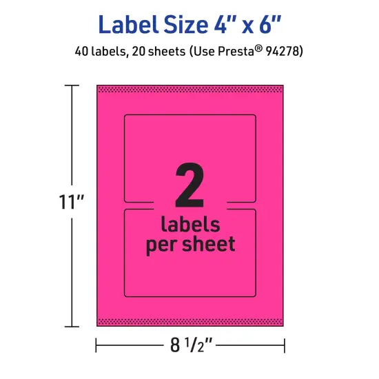 Avery Neon Magenta Paper Labels, 4" x 6" Rectangle {5}