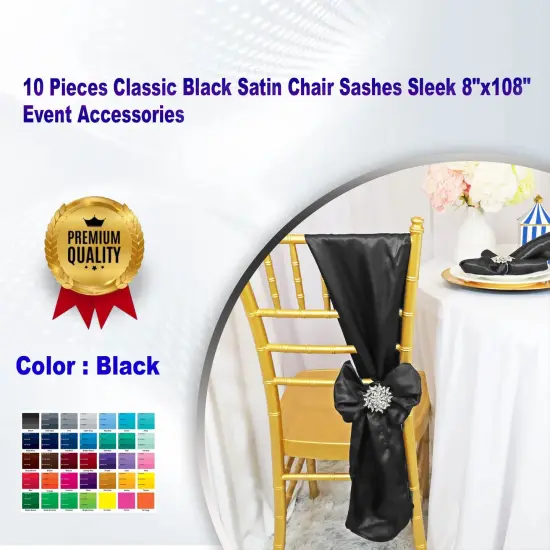 10 Pieces Classic Black Satin Chair Sashes Sleek 8"x108" Event Accessories {1}