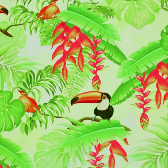 Toucans On Palm Leaves Printed Spandex Fabric Multicolor {1}