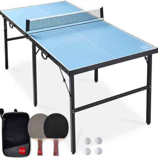 Best Choice Products 6x3ft Portable Ping Pong Table Game Set, Folding Table Tennis w/ 2 Paddles, Balls Light Blue {1}