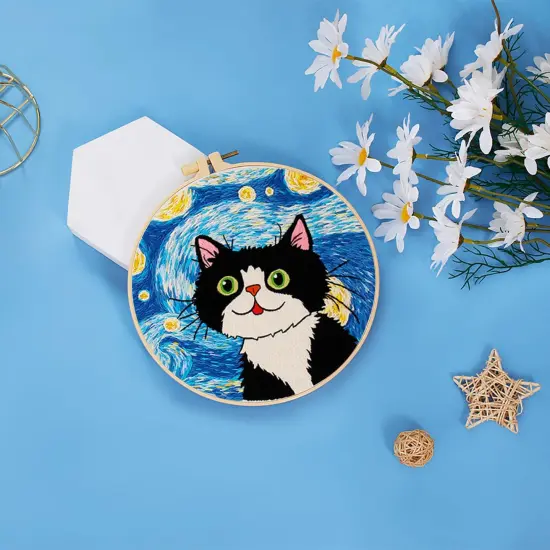 Louise Maelys Cat Starry Sky Embroidery Kits for Beginners with Floral Pattern,Adults Starter Cross Stitch Kit DIY Needlepoint {4}