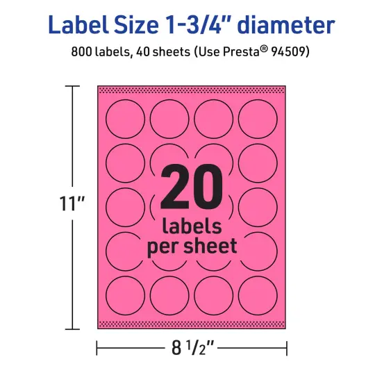 Avery Bright Pink Paper Labels, 1.75" Diameter Round {5}