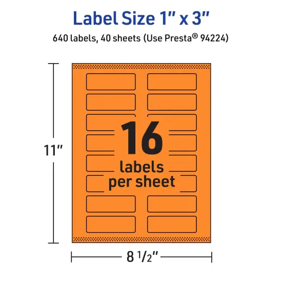 Avery Bright Orange Paper Labels, 1" x 3" Rectangle {5}