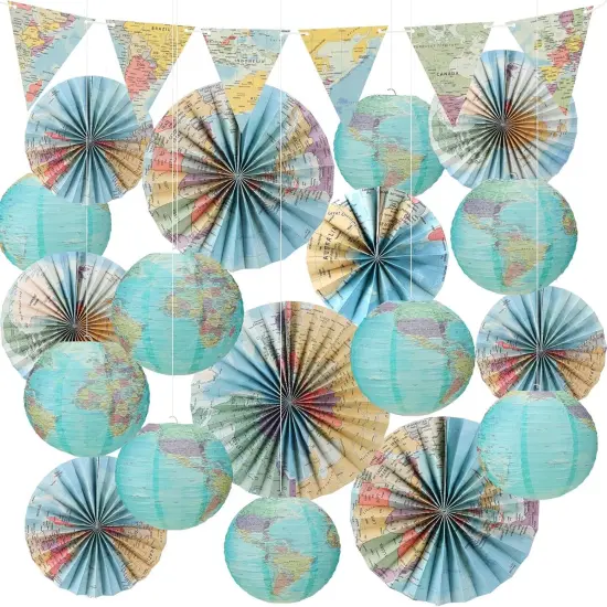 19 Pcs Map Classroom Decorations Travel Themed Party Decorations Globes Hanging Paper Lantern Fans Triangle Flags {1}