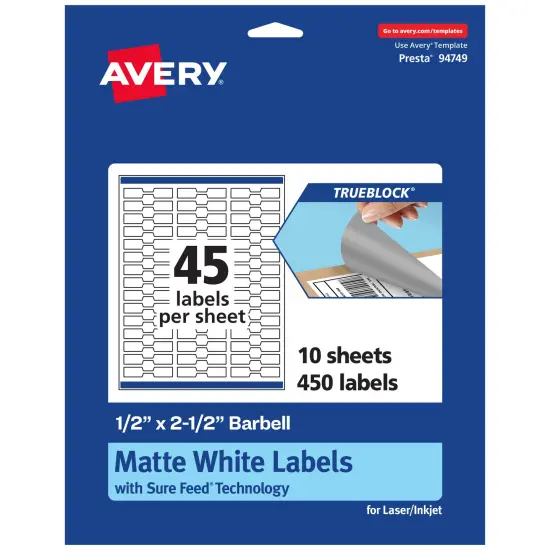 Avery TrueBlock Matte White Paper Labels,1/2" x 2-1/2" Barbell {7}