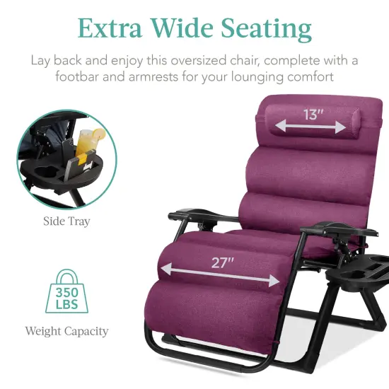 Best Choice Products Oversized Zero Gravity Chair, Folding Recliner w/ Removable Cushion, Side Tray Amethyst Purple {4}
