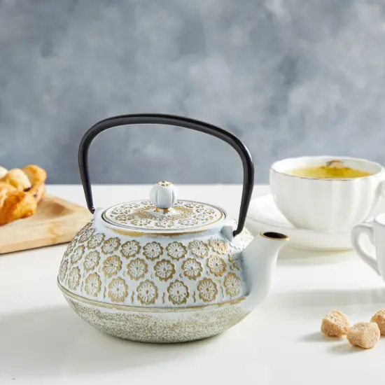 White Floral Cast Iron Teapot Kettle with Stainless Steel Loose Leaf Infuser (34 oz) {2}