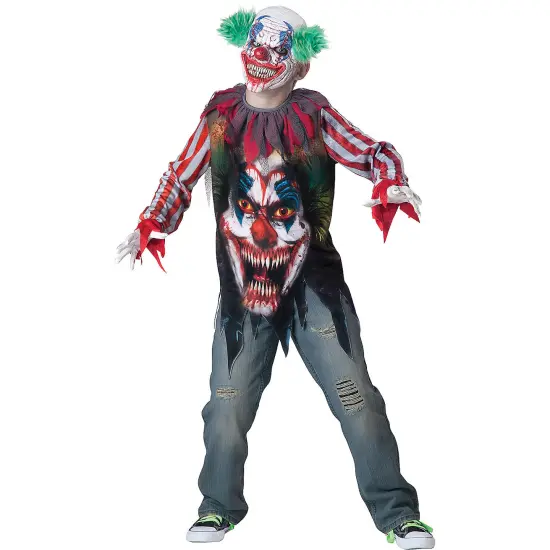 Evil Clown Child Costume, Scary Halloween Outfit with Collar and Vinyl Mask for Boys {1}