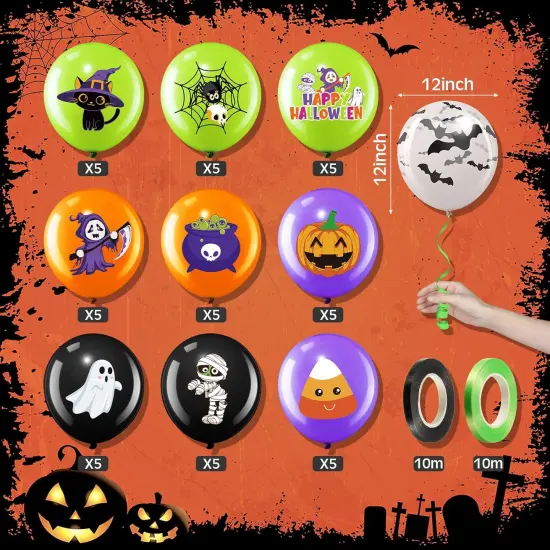 50 12" Halloween Latex Balloons - Pumpkin and Spooky Spider (Cute Style) {2}