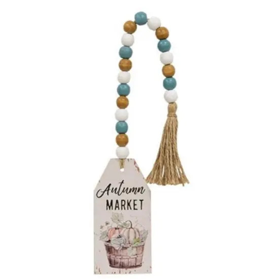 Fall Harvest Autumn Market Wood Tag with Blue Brown White Bead Garland and Pumpkin Graphic {1}
