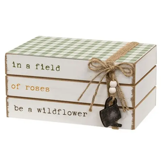 Wildflower Book Stack Wooden D&eacute;cor Worn White Finish with Green Gingham Top {1}