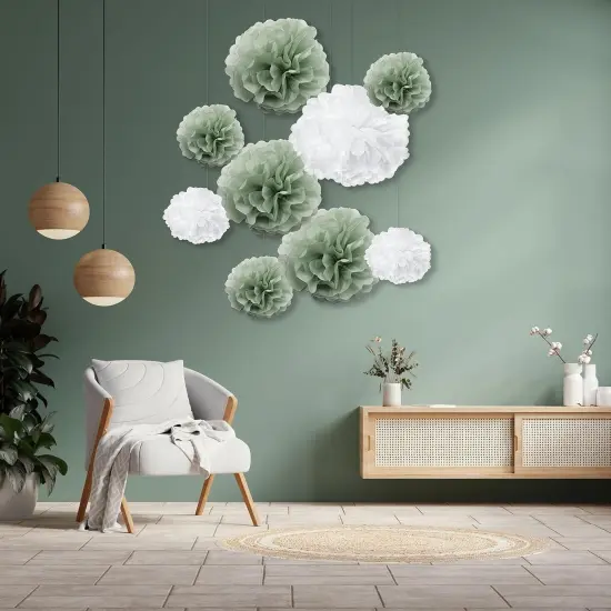 9PCS Dusty Sage Green White Large Tissue Paper Pom Poms Pastel Boho Flowers Wall Hanging Backdrop Centerpieces for Botanical Greenery Baby Shower Wedding Birthday Nursery D&eacute;cor {3}