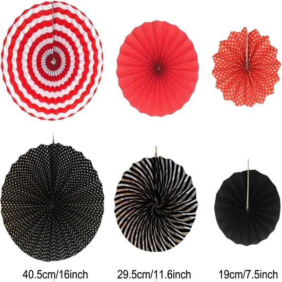 Hanging Paper Fan Set, Tissue Paper Pom Poms Flower Fan and Honeycomb Balls for Birthday Baby Shower Wedding Festival Decorations - Red Black and White {5}