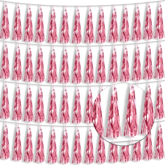 4P Pink Foil Fringe Tassel Banner Garland Metallic Tinsel Streamers Wall Hanging Curtain Backdrop Banner for Parade Floats, 2024 Graduation Decorations, Wedding Party Decoration {1}